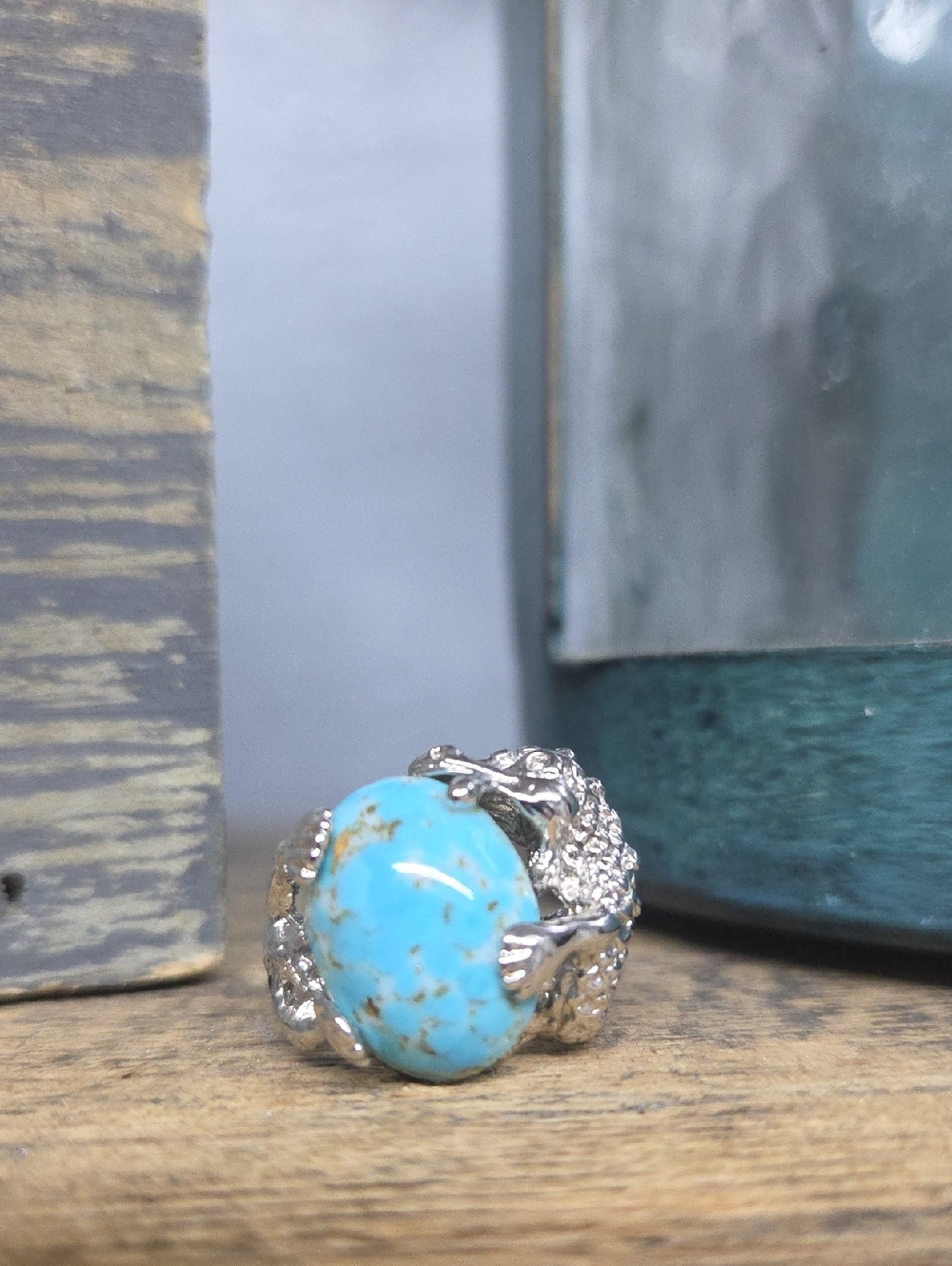 Vintage Stamped 18kt Hge Hms Silver Turquoise Statement Ring - Blue